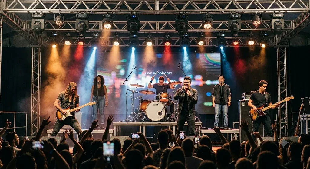 Banda completa em palco iluminado